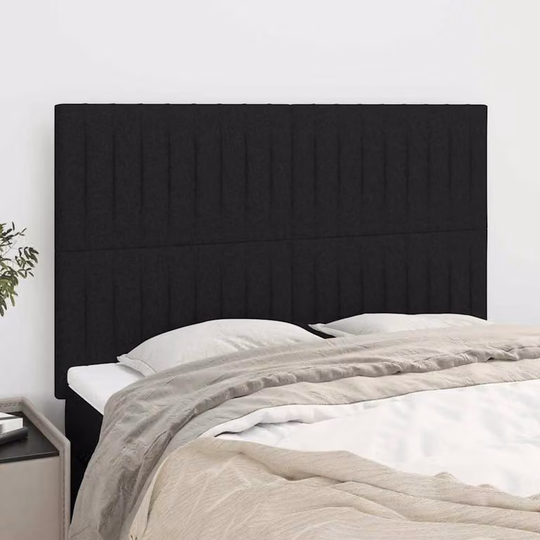 Testiera per letto vidaXL in tessuto nero con struttura in legno e pannello imbottito, L: 144 cm, P: 5 cm, H: 118/128 cm