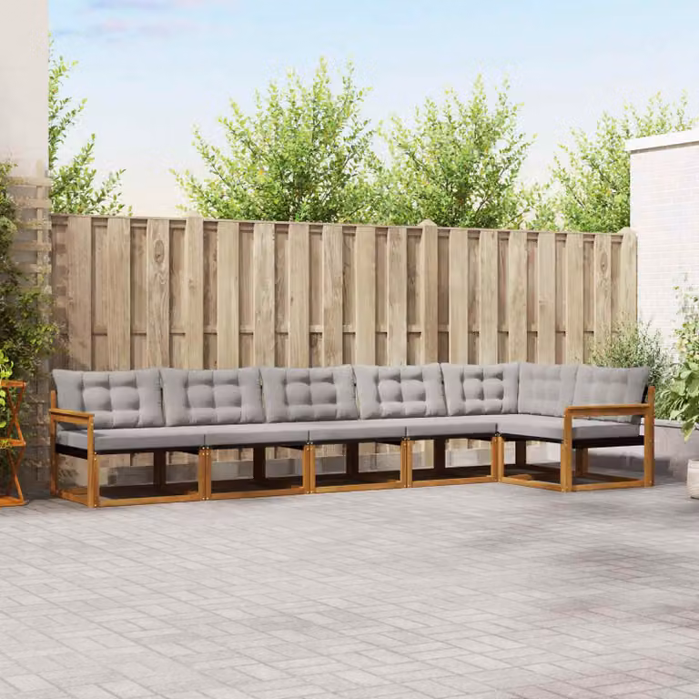 Set di divani da esterno vidaXL a forma di L composto da 6 pezzi in legno di acacia con cuscini grigi e marroni