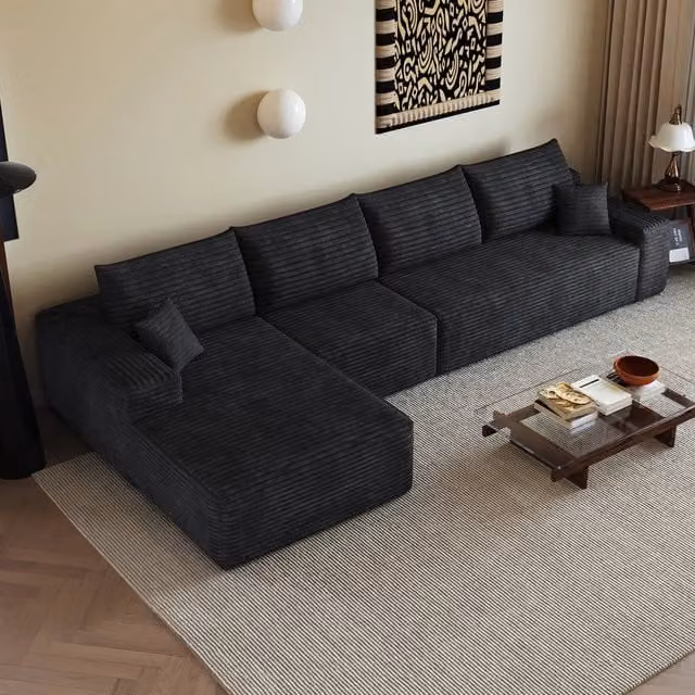 Divano angolare modulare 340x175x83 cm; divano senza struttura con chaise longue a L; seduta profonda; fornito senza montaggio; velluto a coste; nero