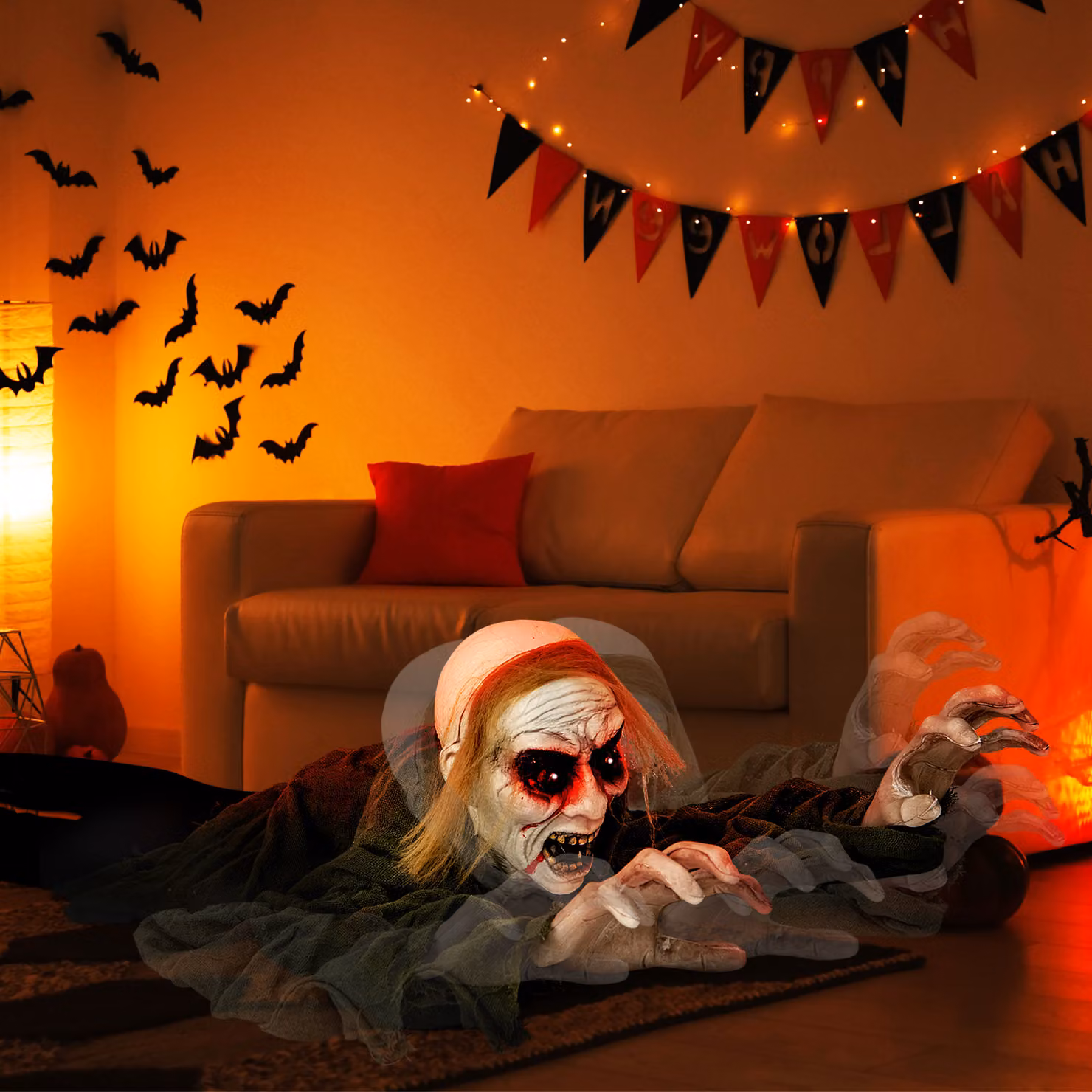 Costway Zombie strisciante di halloween con attivazione sonora braccia mobili, Fantasma grandezza naturale con suono occhi luminosi
