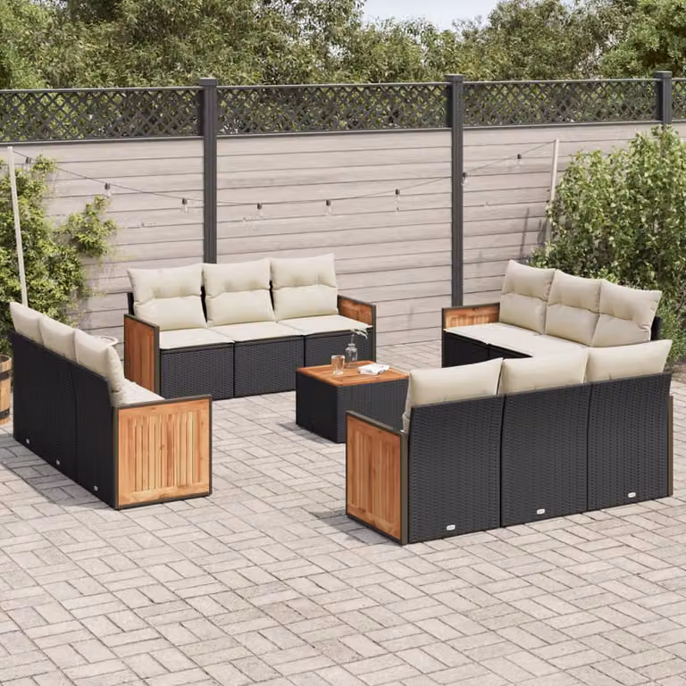 Set di Divani da Giardino vidaXL a Forma a U con Cuscini e Tavolino da Caffè, Polyrattan e Legno di Acacia, Nero e Bianco
