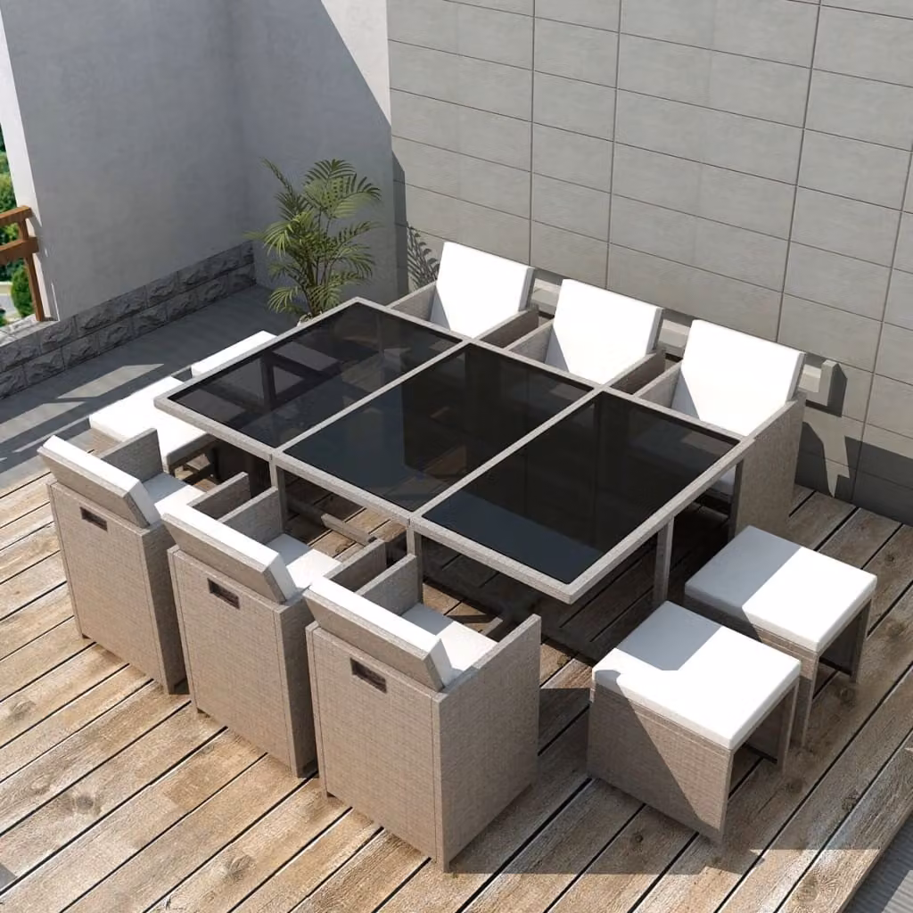The Living Store Set da pranzo da giardino 11 pezzi con cuscini in poly rattan beige