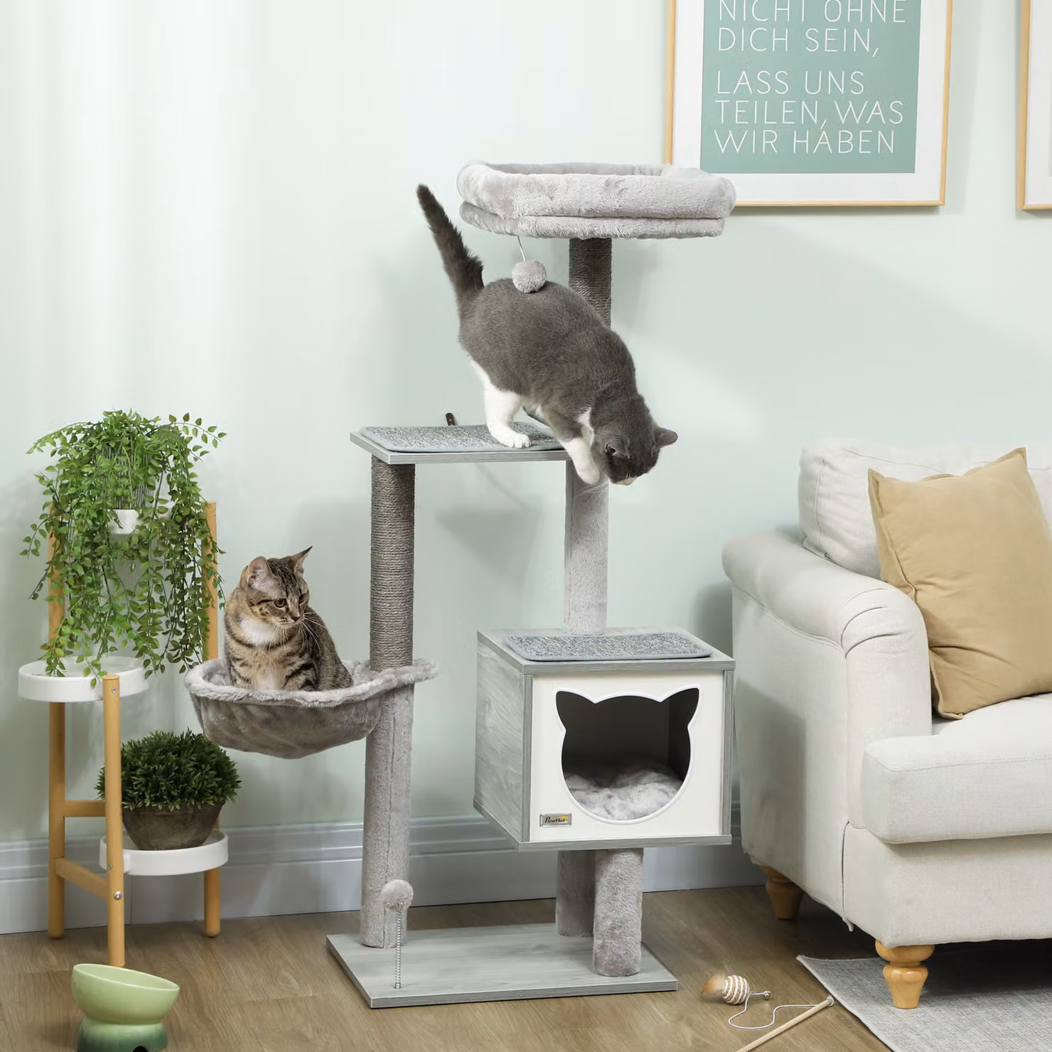 Albero per gatti PawHut con amaca, giochi integrati e tiragraffi in sisal naturale, grigio, L/P/H: 40 x 48 x 126 cm – 2