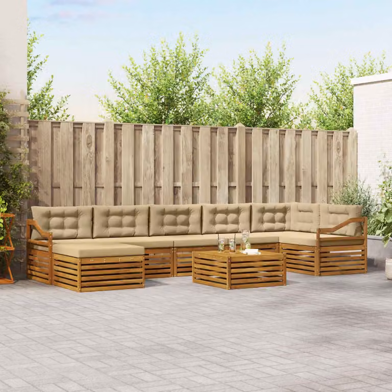 Set di divani da esterno vidaXL 8 pz in legno di acacia con tavolino e pouf, colore beige e marrone