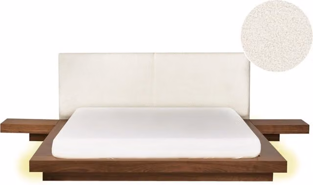 Letto BELIANI in stile giapponese con illuminazione LED e testata in bouclé, colore marrone frassino, L/P/H: 200 x 160 x 308 cm