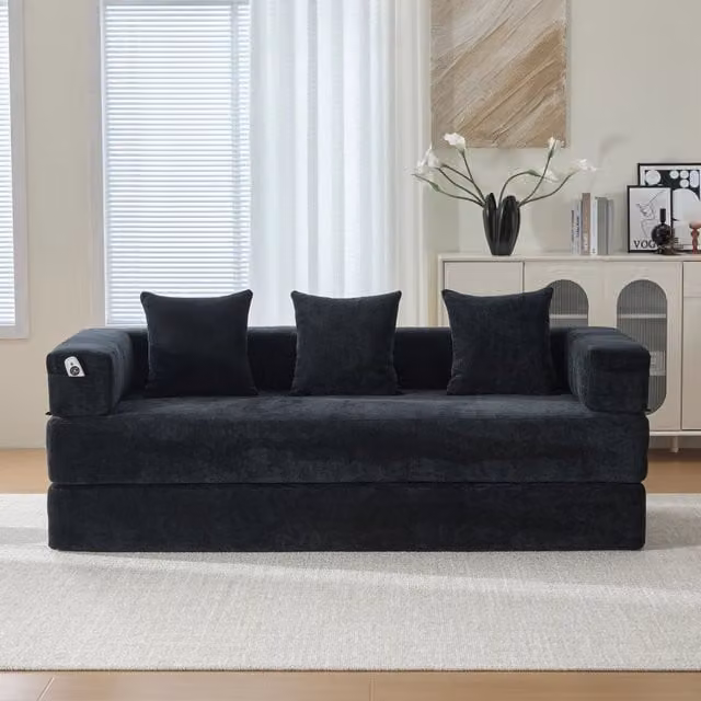 Divano modulare REDOM in velluto nero con funzione letto e ricarica USB L: 198 cm, P: 79 cm, H: 60 cm