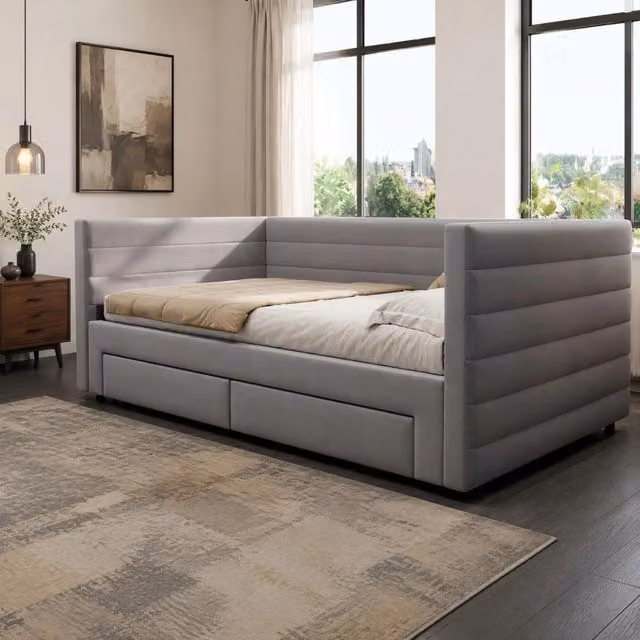 Divano letto imbottito 3 in 1 grigio 90×190 cm estensibile 180×190 cm con 2 cassetti