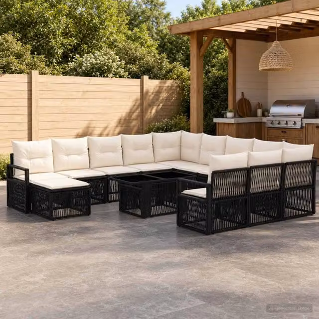Set Divano da Giardino vidaXL in Polyrattan Nero e Bianco Crema con Cuscini e Tavolino da Esterno 13 Pezzi – 1