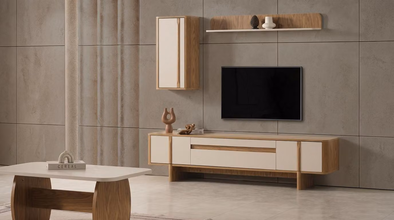 Mobile TV, parete attrezzata, scaffale, mobile basso, stile moderno, colore marrone