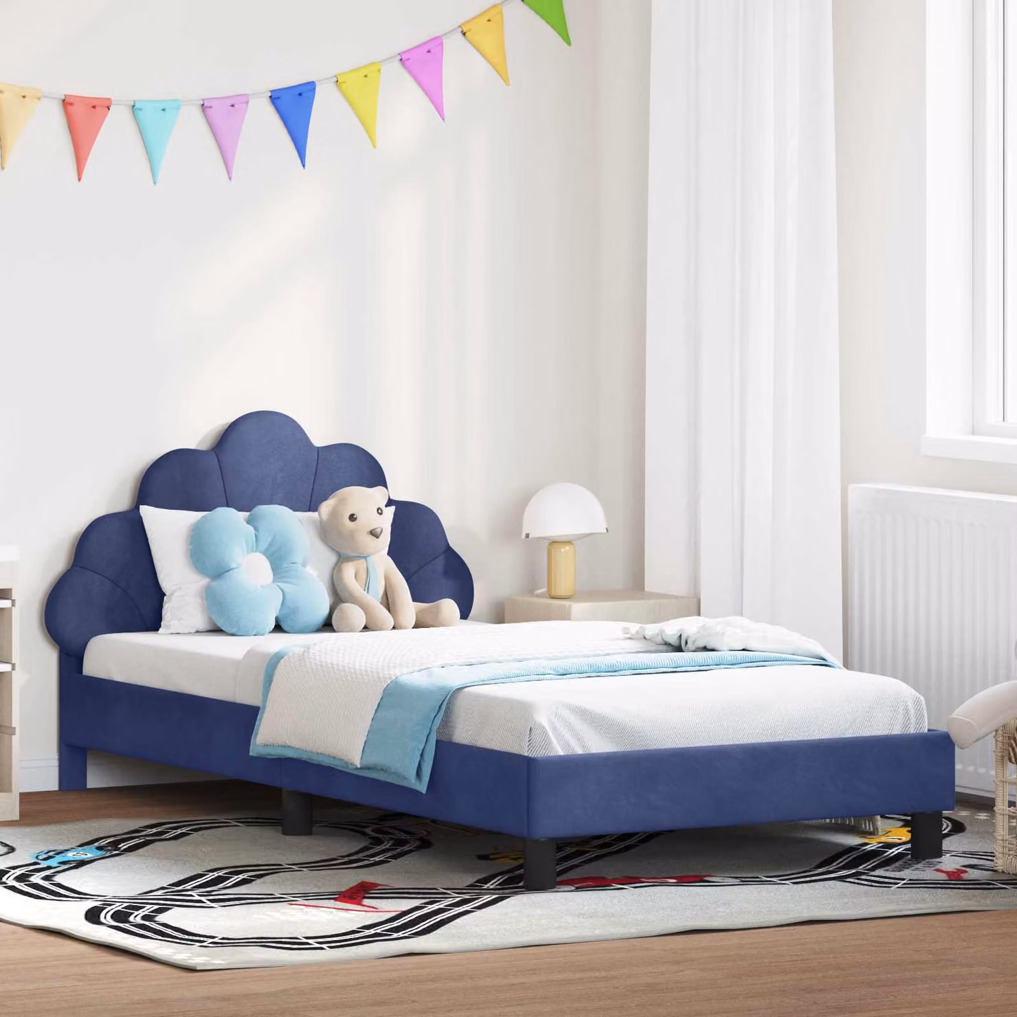 Struttura letto per bambini vidaXL in legno e tessuto blu con testata imbottita L/P/H: 208 x 90 x 103 cm