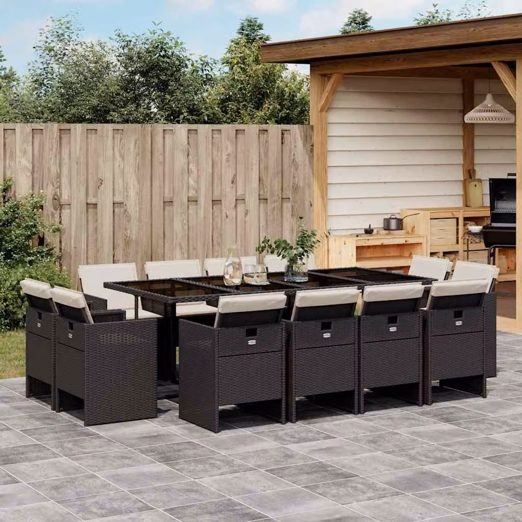 Set da pranzo da giardino vidaXL in polyrattan nero con cuscini e tavolo in vetro per 13 persone – 1