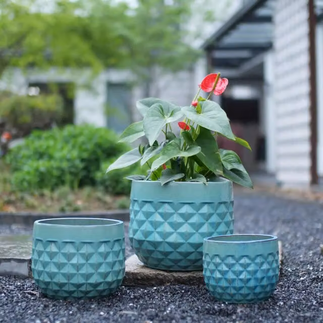 Set di 3 vasi per piante MINIMAL in ceramica turchese con motivo geometrico per interno ed esterno, H: 36 cm, H: 29,5 cm, H: 21,5 cm
