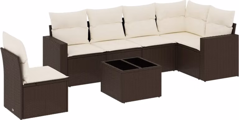 Set Divano da Giardino 7pz con Cuscini Marrone in Polyrattan