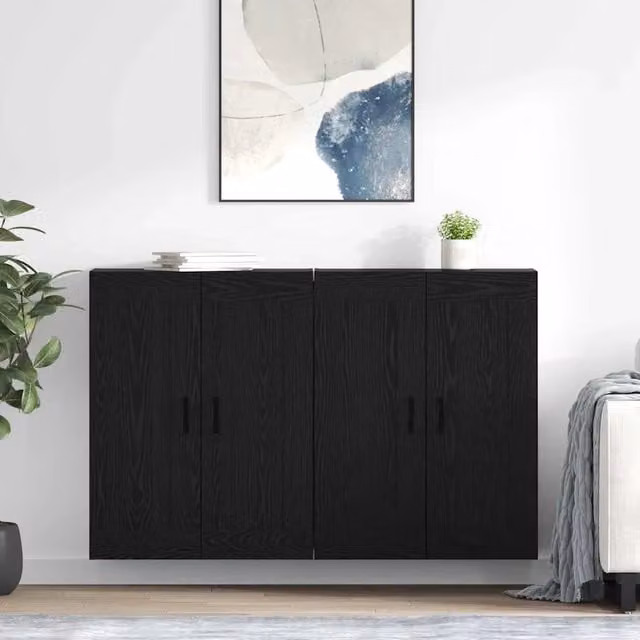Set di 2 mobili a muro moderni vidaXL in legno e MDF, colore nero e rovere, L: 69,5 cm, P: 34 cm, H: 90 cm