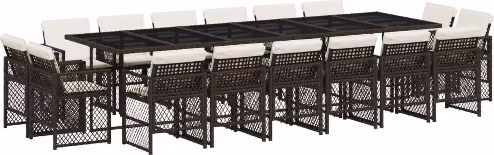 Set da Pranzo da Giardino 17 pz con Cuscini Marrone Polyrattan