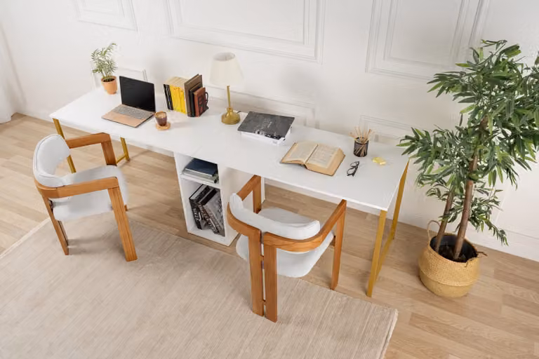 Skye Decor, Scrivania per studio doppia - Bianco, Oro, Scrivanie, Bianco, 240 x 74 x 60 cm