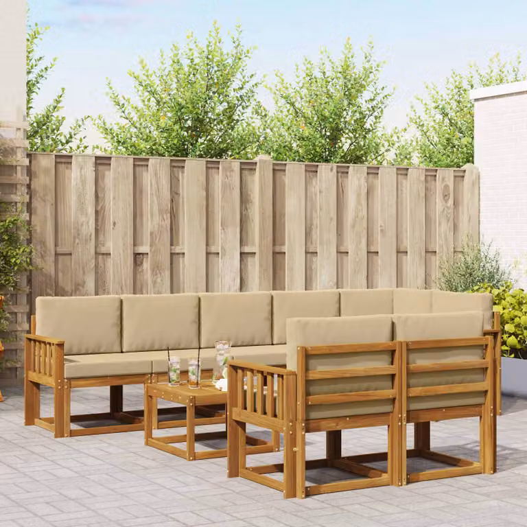 Set di divani da esterno vidaXL in legno di acacia con cuscini, 9 pezzi, Beige e Marrone