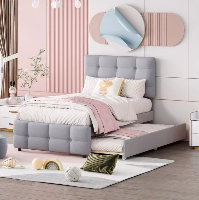 Letto imbottito per bambini 90x200 cm con letto estraibile; testiera regolabile; grigio