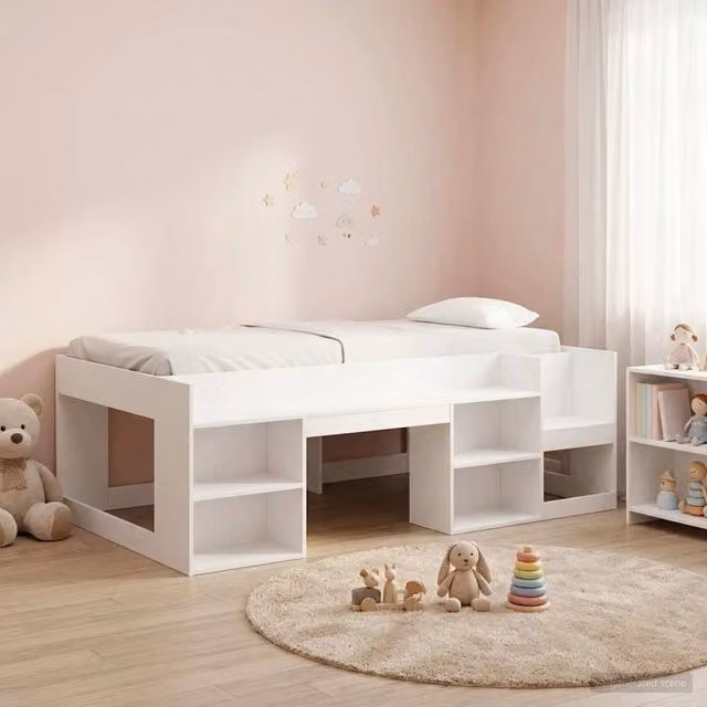 Letto Singolo Rialzato per Bambini vidaXL Bianco con Ripostiglio Laterale in Legno MDF – 1