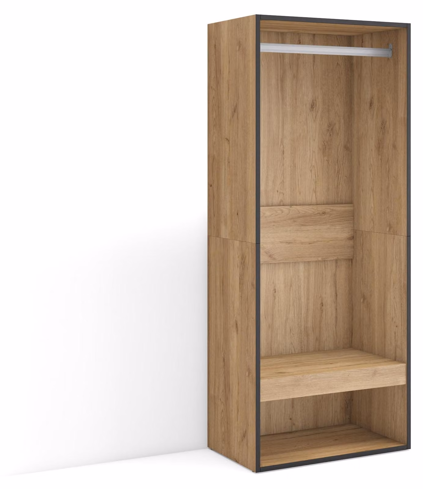 Armadio aperto, dimensioni 60x145x35 cm, aspetto legno di quercia, design moderno