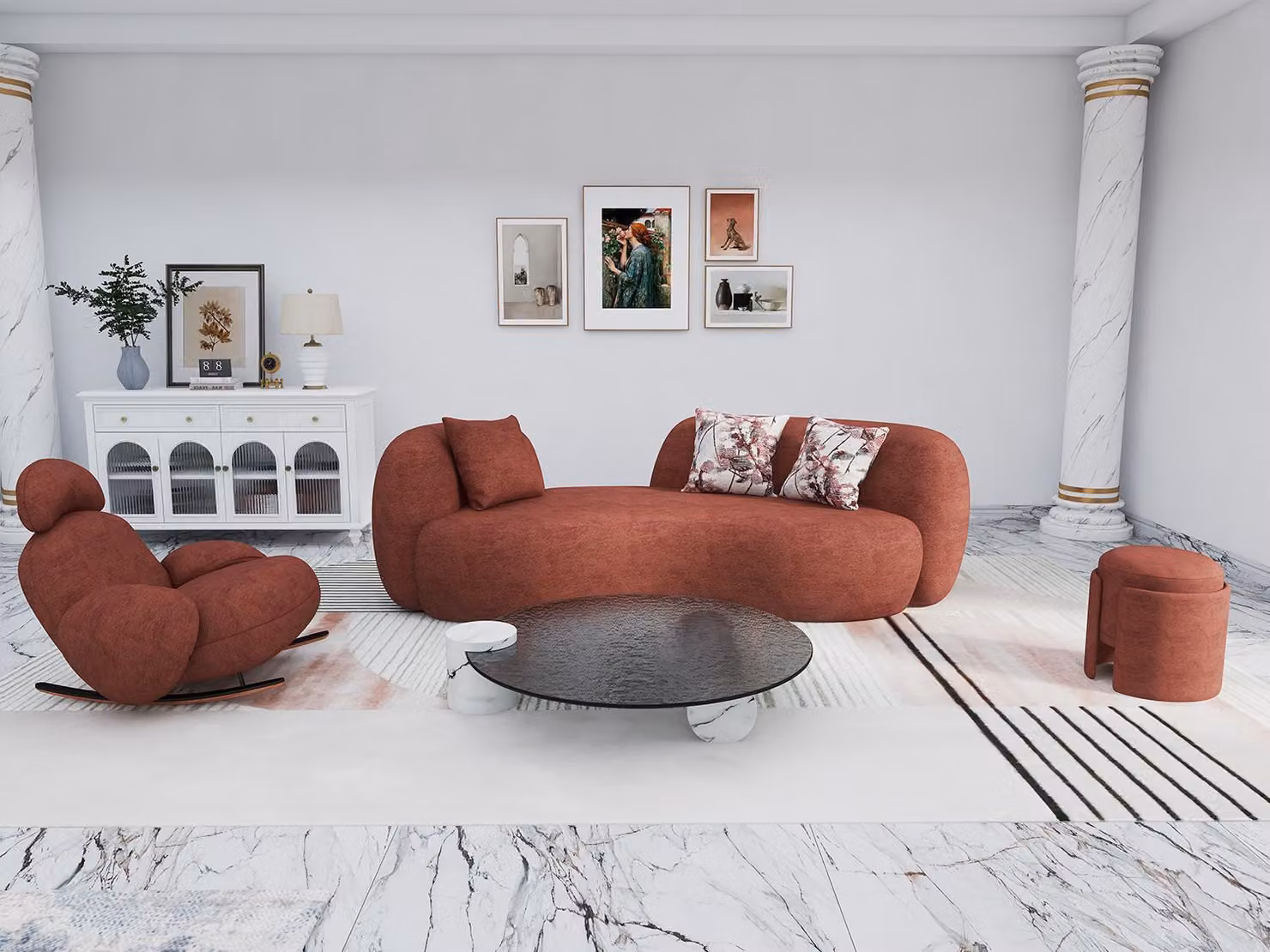 Salotto: Elegante set di divani 3 posti + 1 posto, tavolino da caffè di design, poggiapiedi imbottiti