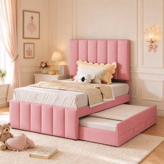 Letto imbottito rosa 90 x 200 cm con letto estraibile; 3 cassetti e testiera regolabile