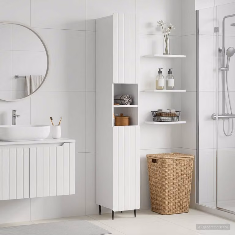 vidaXL Armadio da Bagno ZWOLLE Moderno Bianco Lucido con Ripiani e Sportelli con Scaffale Aperto L/P/H: 30 x 24 x 189,5 cm