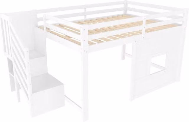 Letto a soppalco 140x200 in legno di pino bianco con scala contenitore e finestra