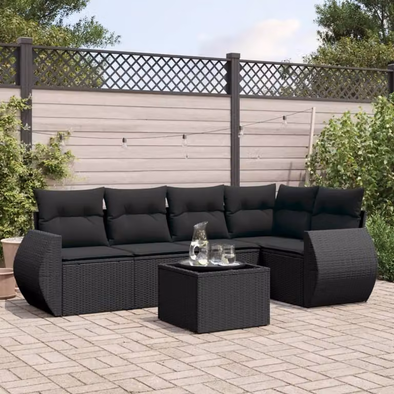 vidaXL Set Divano da Giardino a L 6 pz in Polyrattan Nero con Cuscini e Tavolino da Esterno