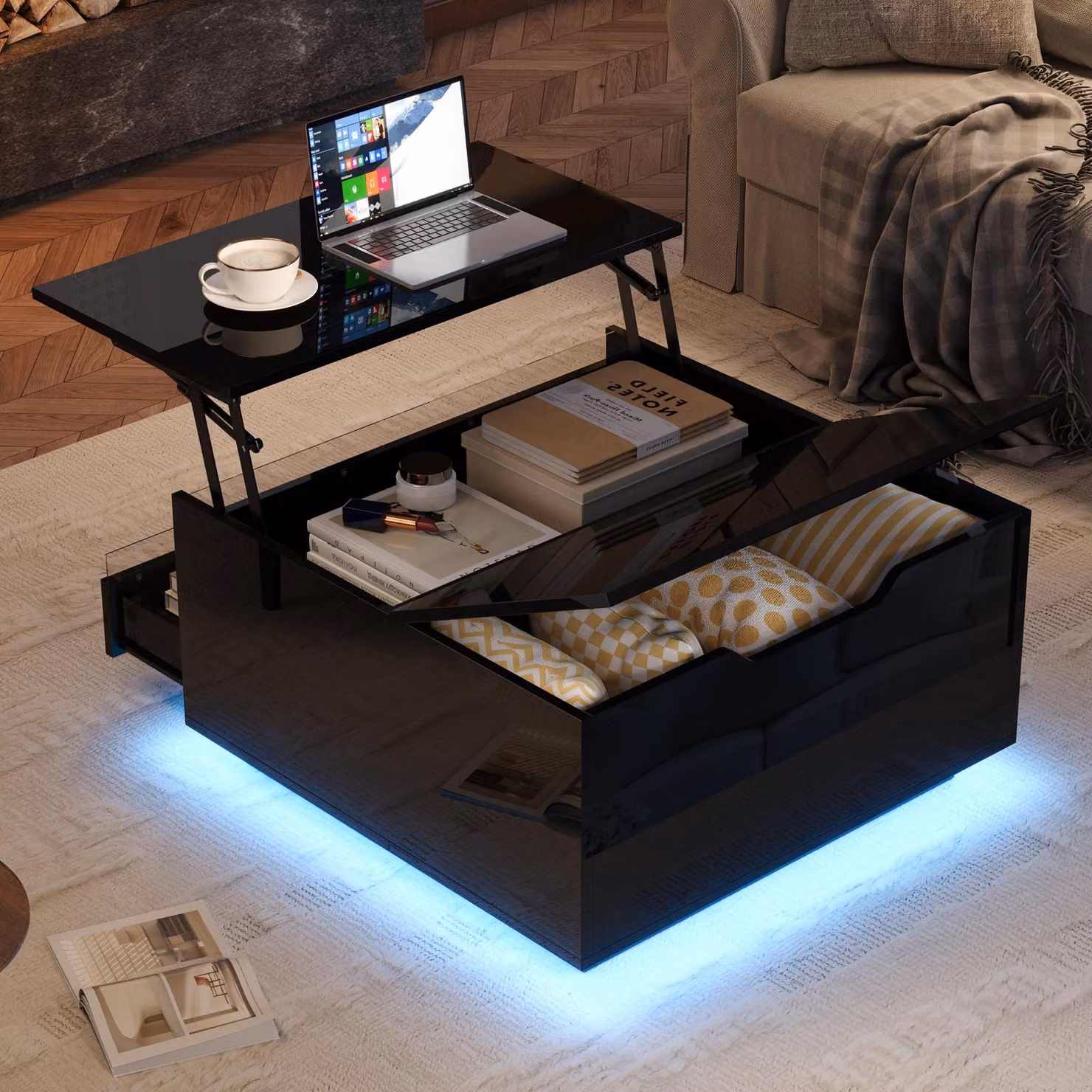 MODFU 70×70×38cm tavolino nero pieghevole, tavolino da salotto con pratico spazio di archiviazione, tavolino con striscia luminosa a LED e 1 cassetto