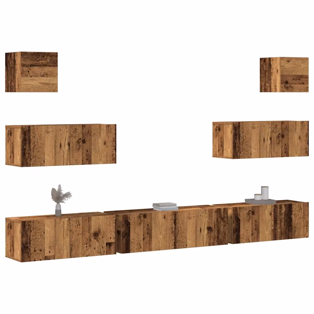 Set Mobile TV vidaXL da 7 pezzi in legno antico marrone per soggiorno, montaggio a parete