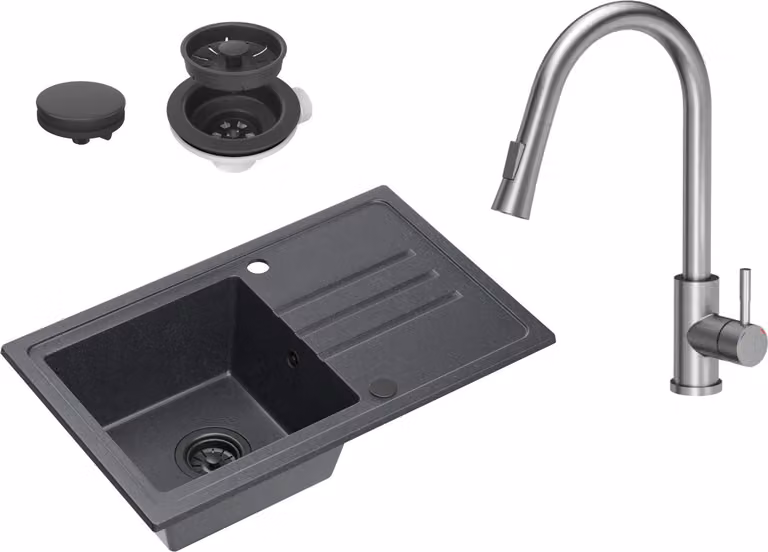 VBChome Lavello in granito nero con rubinetto 70 x 44 cm Lavello da incasso a vasca singola Maculato Reversibile Lavello in granito nero Sifone Rubinetto per lavabo Inox con bocca estraibile