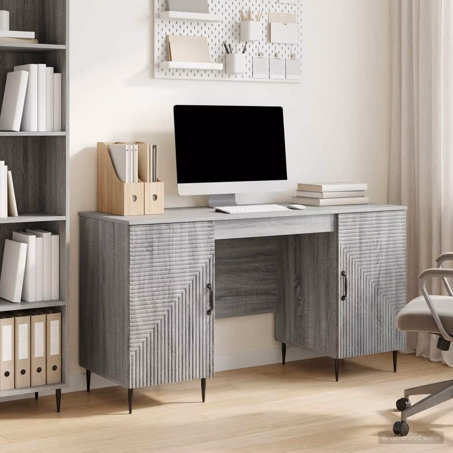 Scrivania moderna vidaXL in legno ingegnerizzato e metallo, colore grigio, L: 142,5 cm, P: 50 cm, H: 75 cm