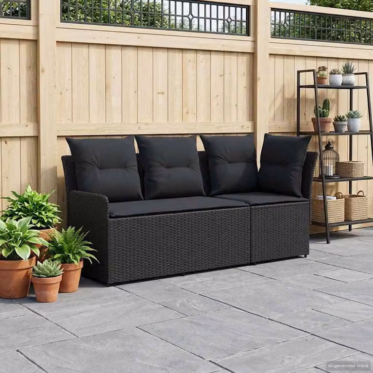 Set di 2 divani angolari da giardino vidaXL in polyrattan nero con cuscini e coperture rimovibili