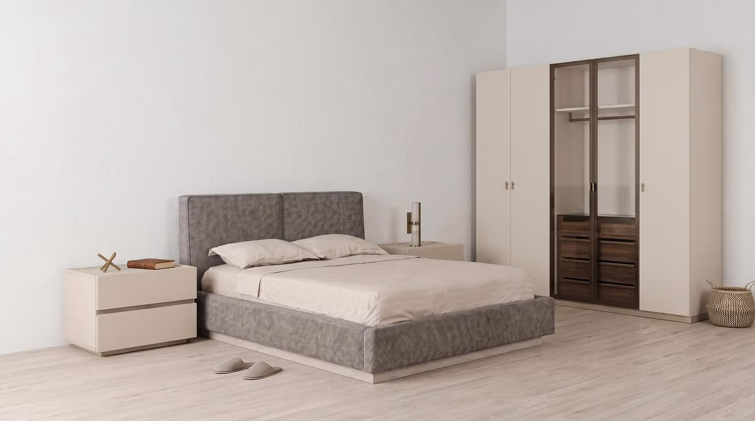 Set moderno per camera da letto: letto, armadio, comodini, design beige e grigio
