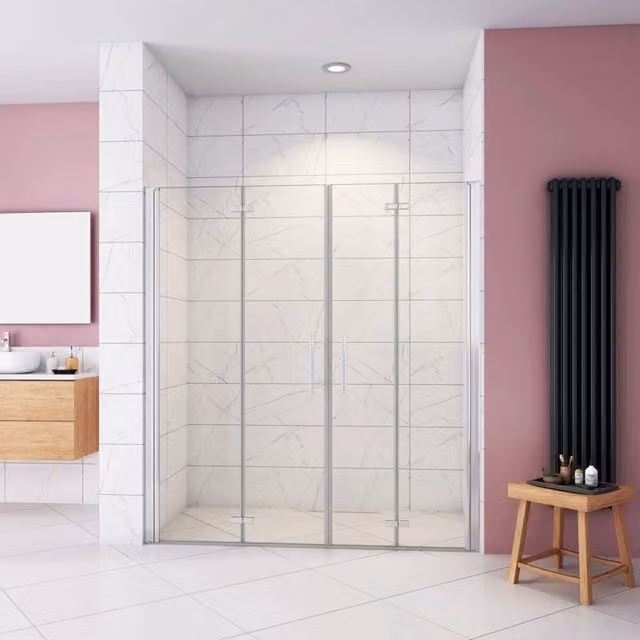 Box Doccia in Linea per Nicchia 195 cm Doppia Porta Battente 4 Ante Pieghevoli Saloon Vetro Temperato 6 mm Anticalcare 160 cm (76+90: 1578-1618 mm)
