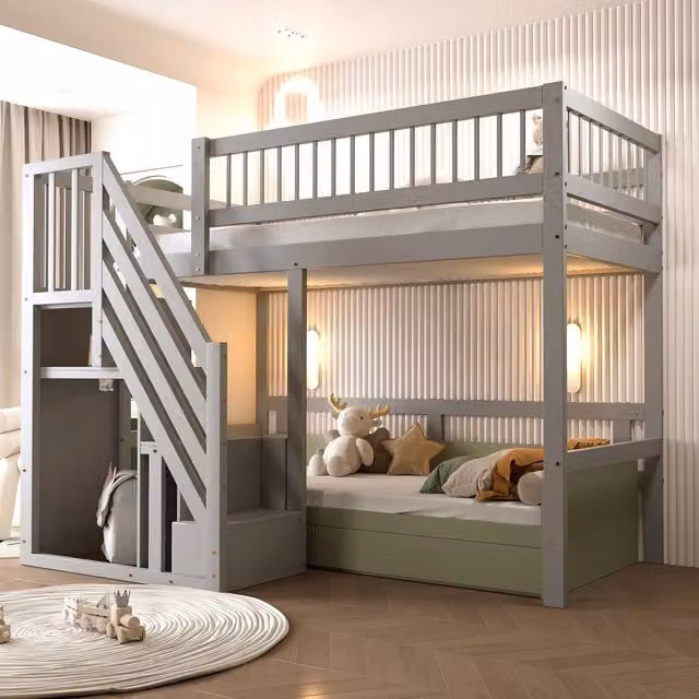 Letto singolo in legno massello ¨C Minimal ¨C grigio 90x200 cm con struttura alta e vano contenitore