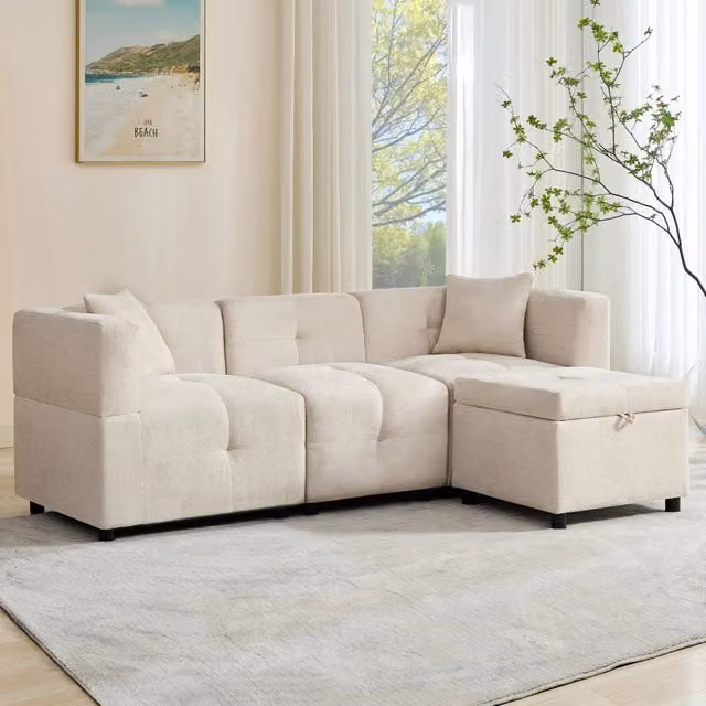 Divano modulare 3 posti in ciniglia beige con pouf contenitore e 2 cuscini HOMVRA