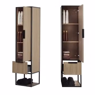 Colonna bagno sospesa Baketo stile industrial in metallo nero e legno rovere, Altezza: 150 cm – 2