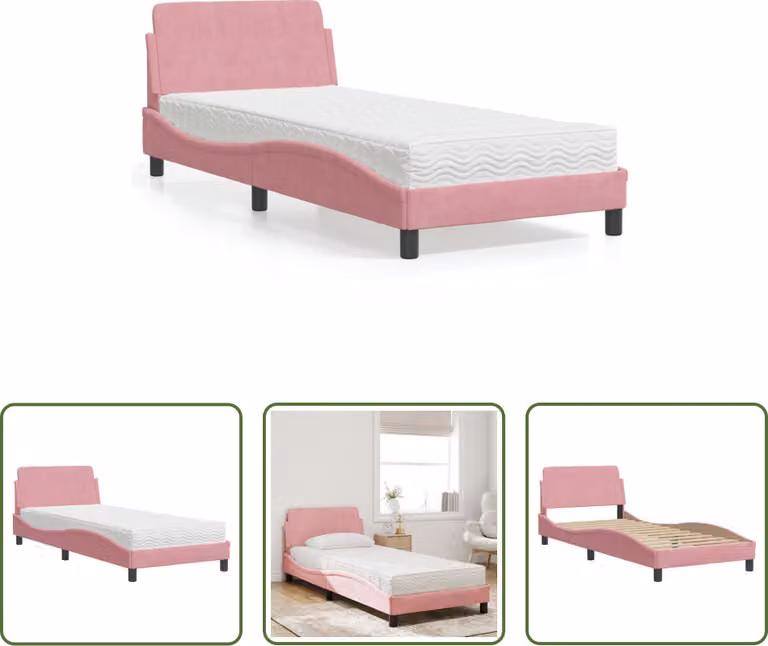 The Living Store Letto con materasso rosa 90x200 cm in velluto
