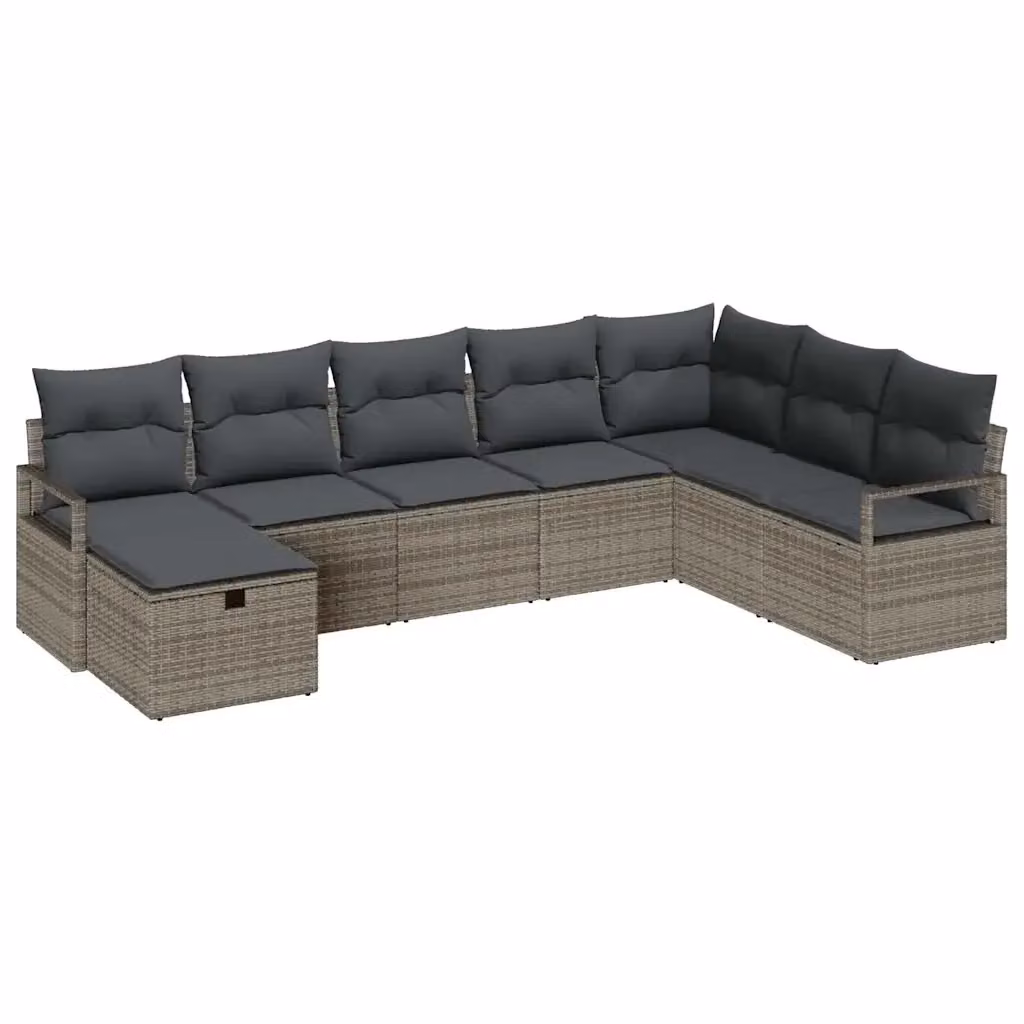Set di divani da esterno vidaXL in rattan grigio con cuscini e pouf, struttura in acciaio verniciato a polvere – 2