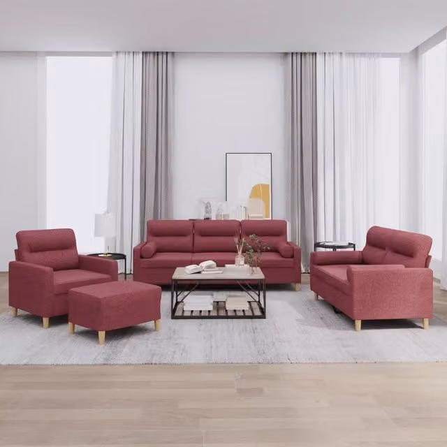 Set di Divani 4 pz con Cuscini Rosso Vino in Tessuto 3201566
