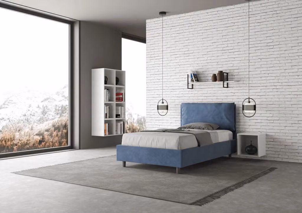 Letto una piazza e mezza contenitore imbottito BS COM in microfibra blu L/P: 130 x 190 cm – 2