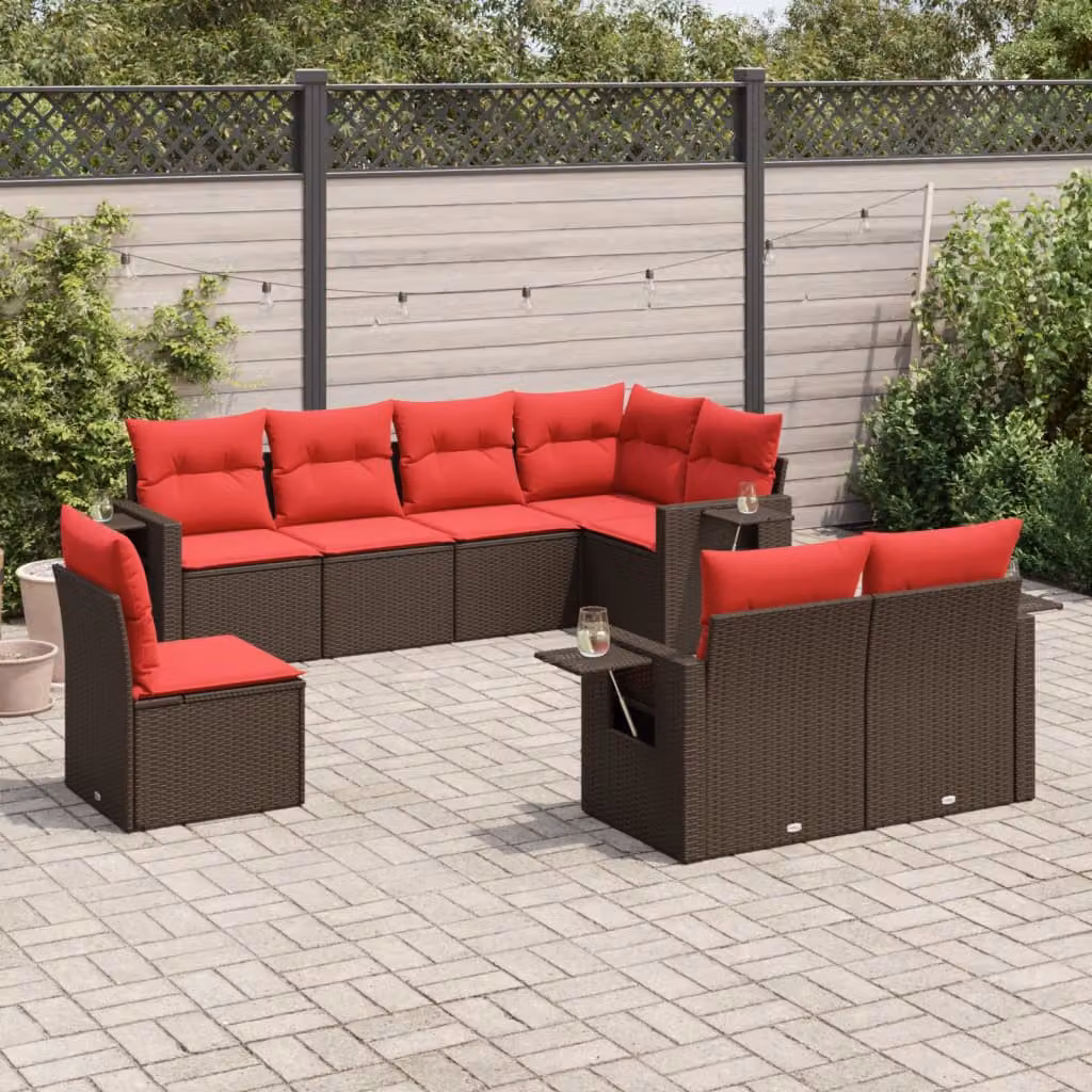 Set Divani da Giardino vidaXL 8 pz a Forma a L con Cuscini Marrone e Rosso in Polyrattan e Metallo