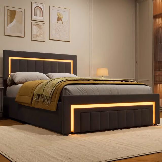 Letto imbottito 140 × 190 con LED; Letto per bambini con cassetti portaoggetti e rotelle; struttura senza materasso; grigio