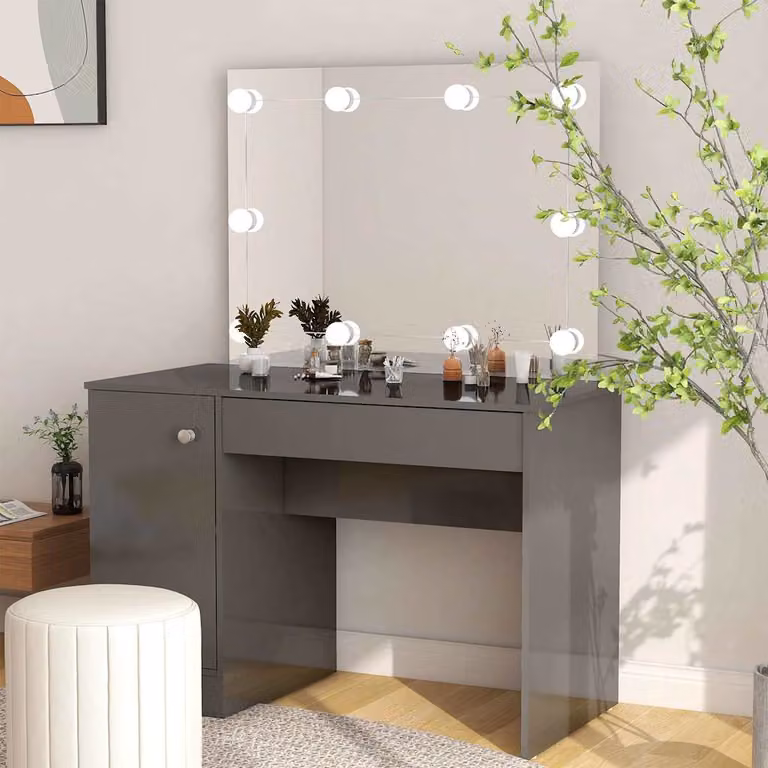 vidaXL Toeletta Hollywood con Luci LED in MDF Grigio Lucido L: 110 cm, P: 55 cm, H: 145 cm