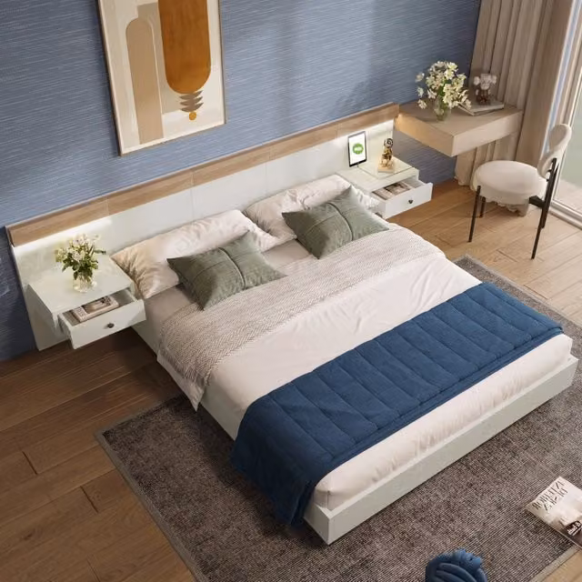 Letto matrimoniale WISHDOR con 2 comodini, illuminazione LED sottostante e porte di ricarica USB, bianco e marrone, 140x200 cm – 1