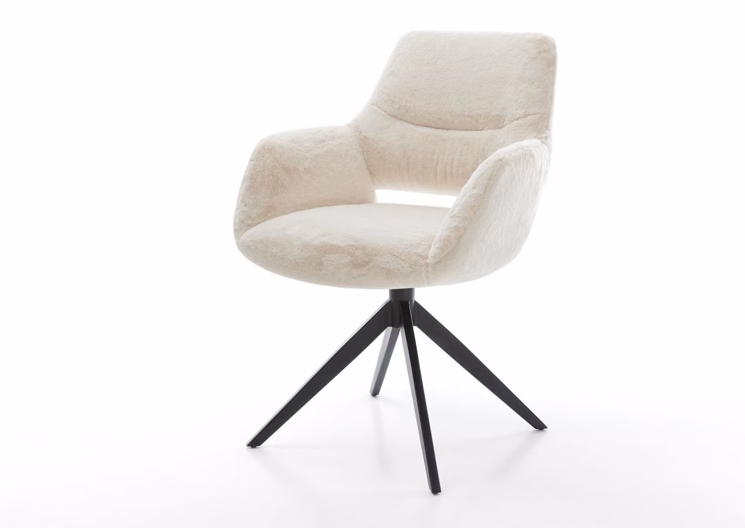 Sedia girevole DELIFE Yago-Flex con braccioli, rivestimento in peluche bianco crema, base a croce larga nera, rotazione a 360°, funzione oscillante, molle insacchettate