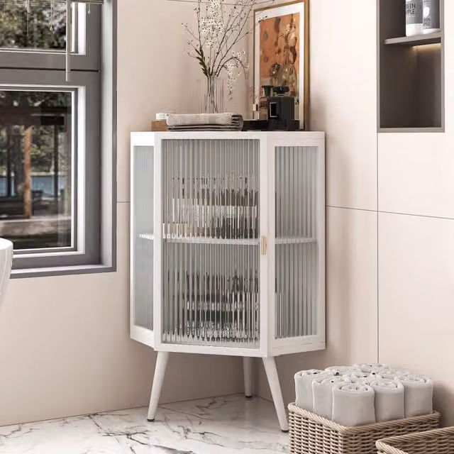 Mobile angolare 56x42.5x80 cm a 2 ripiani in metallo e vetro temperato bianco