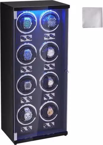 Caricaorologi VEVOR per 8 orologi automatici con motori giapponesi silenziosi, luce LED blu e rivestimento in PU nero